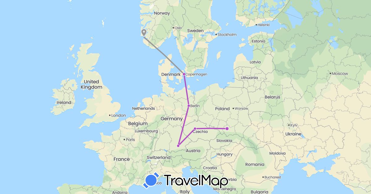 TravelMap itinerary: plane, train in Czech Republic, Germany, Denmark, Norway, Poland (Europe)
